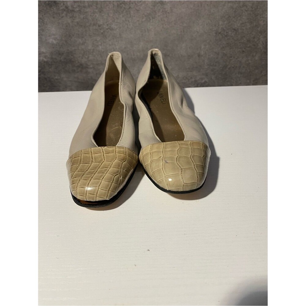 VANELI Leather Ballet Flats Beige Croc Embossed Cap Toe Block Heel 7.5M
